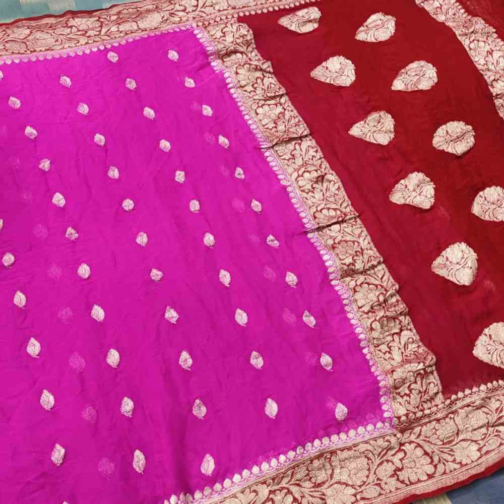 Red & Pink Khaddi Chiffon Saree